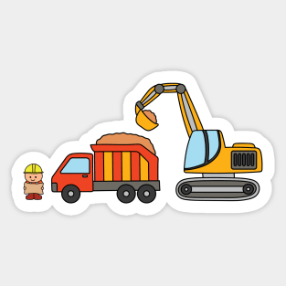 Kids drawing construction set dump truck with excavator and construction worker holding a map Sticker